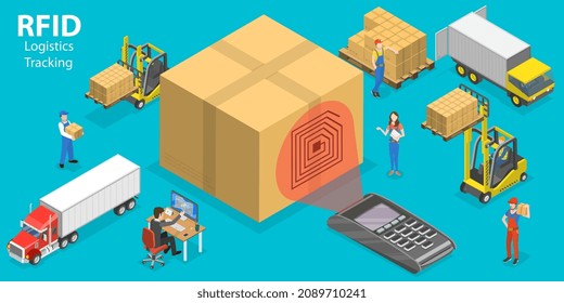 3D Isometric Flat Vector Conceptual Illustration Of RFID Logistics Tracking, Electromagnetic Track Tag