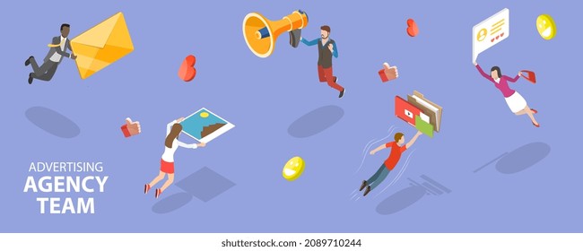 3D Isometric Flat Vector Conceptual Illustration of Advertising Agency Team, Scenes of People with Marketing Attributes