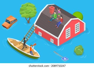 3D Isometric Flat Vector Conceptual Illustration Of Flood, Severe Weather And Natural Disaster