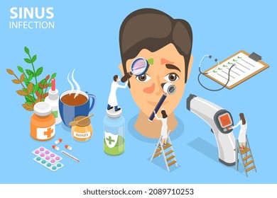 3D Isometric Flat Vector Conceptual Illustration of Sinus Infection, Otolaryngologists with Medical Instrument Examine Patient