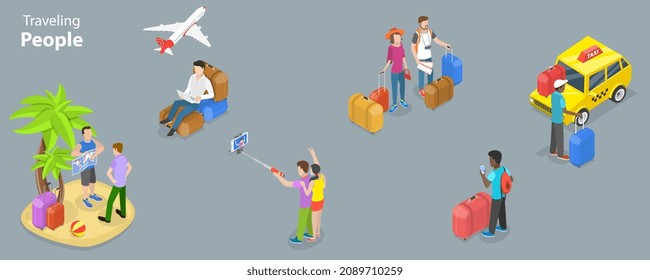 3D Isometric Flat Vector Conceptual Illustration of Set of Scenes with Traveling People, Vacation and Tourism