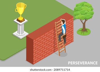 3D Isometric Flat Vector Conceptual Illustration of Perseverance, Effort and Ambitions, Obstacles Overcoming