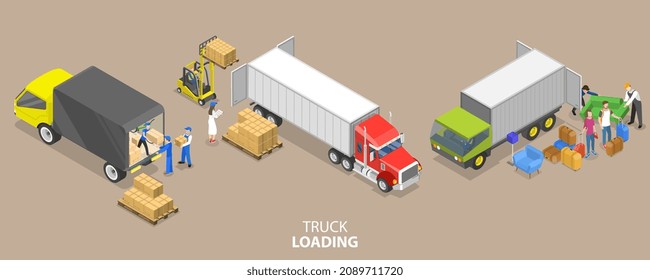 3D Isometric Flat Vector Conceptual Illustration of Truck Loading, Workers of Warehouse Load Cargo for Transportation