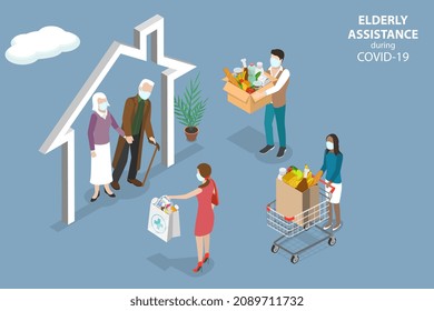 3D Isometric Flat Vector Conceptual Illustration of Elderly Assistance During COVID-19, Volunteer Support Service for Senior People