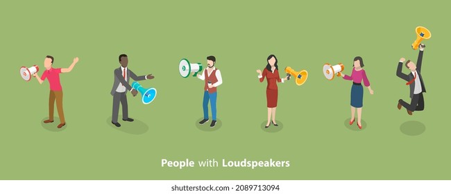 3D Isometric Flat Vector Conceptual Illustration of Set of People With Loudspeaker, Public Relation and Digital Marketing