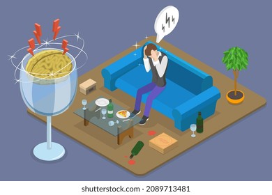 3D Isometric Flat Vector Conceptual Illustration of Hangover, Alcohol Abuse and Addiction