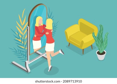 3D Isometric Flat Vector Conceptual Illustration of Self-esteem, Self-care and Self Acceptance