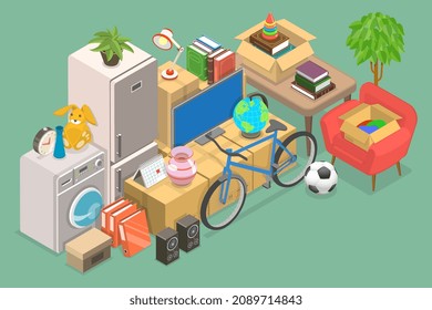 3D Isometric Flat Vector Conceptual Illustration of Moving And Storage, Cardboard Boxes and Appliances Packed for House Relocation