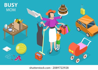3D Isometric Flat Vector Conceptual Illustration of Busy Mom, Mother Routine House Work