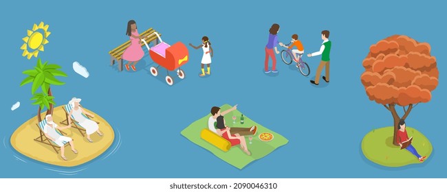 3D Isometric Flat Vector Conceptual Illustration of Set of Leisure Outdoor Scenes, Healthy Family Activities