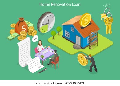 3D Isometric Flat Vector Conceptual Illustration of Home Renovation Loan, Home Repairs Budget