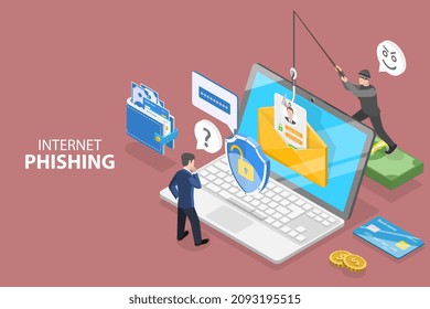 3D Isometric Flat Vector Conceptual Illustration Of Internet Phishing, Cyber Fraud Warning, Online Scam Alert