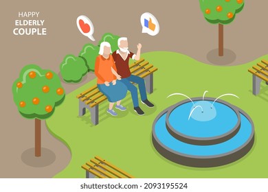 3D Isometric Flat Vector Conceptual Illustration of Happy Elderly Couple, Retirement Outdoor Relaxation