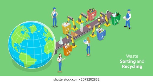 Isometric Flat Vector 3D Ilustración conceptual de la clasificación y reciclado de residuos, soluciones ecológicas ambientales para el ahorro de planetas