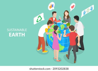 3D Isometric Flat Vector Conceptual Illustration of Sustainable Earth, Environmental Protection, Use of Eco Friendly and Sustainable Technologies