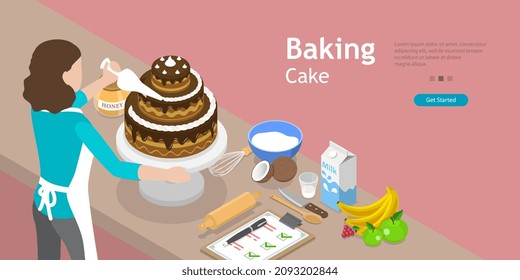3D Isometric Flat Vector Conceptual Illustration of Cake Baking, Professional Confectioner Chef