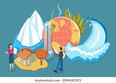 3D Isometric Flat Vector Conceptual Illustration of Climate Change, Global Warming and Environment Pollution