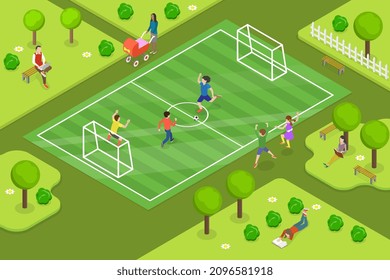 3D Isometric Flat Vector Conceptual Illustration of Childrens Soccer, Kid Outdoor Activities in Summer