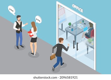 3D Isometric Flat Vector Conceptual Illustration Of Office Entrance, Employees Are Talking And Walking Near The Office Glass Door