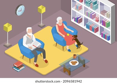3D Isometric Flat Vector Conceptual Illustration of Seniors Relaxing At Home, Enjoying Leisure Time Indoors