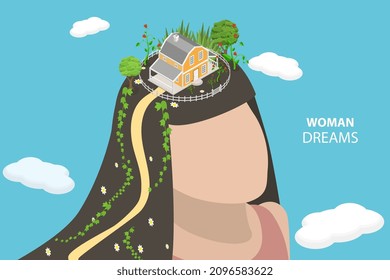 3D Isometric Flat Vector Conceptual Illustration of Woman Dreams, Female Creativity and Vision of the World