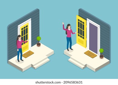 3D Isometric Flat Vector Conceptual Illustration Of House Entrance, Female Character In Scenes Of Opening And Closing The Door