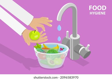 3D Isometric Flat Vector Conceptual Illustration of Food Hygiene, Washing Vegetables and Fruits