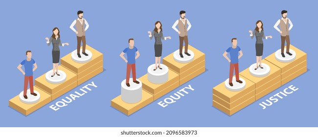 3D Isometric Flat Vector Conceptual Illustration Of Equality Vs Equity Vs Justice, Human Rights And Equal Opportunities