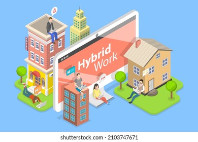 3D Isometric Flat Vector Conceptual Illustration Of Hybrid Work, Flexible Workspace Location And Working Hours For Productivity And Efficiency
