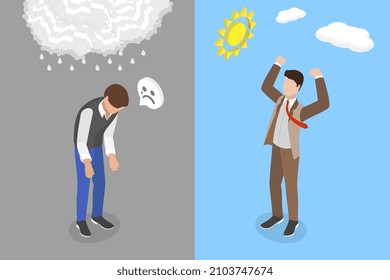 3D Isometric Flat Vector Conceptual Illustration of Sad And Happy Mood, Depressed and Desperate VS Cheerful and Hopeful person