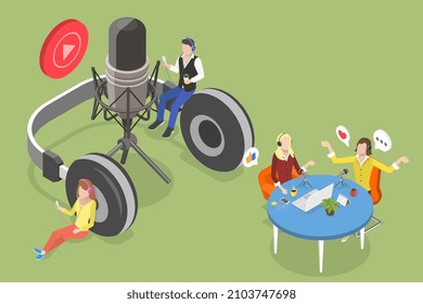 3D Isometric Flat Vector Conceptual Illustration of Recording Podcast, Mass Media Broadcasting