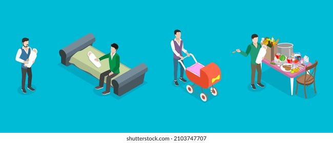 3D Isometric Flat Vector Conceptual Illustration of Gender Equality, Dad on Maternity Leave