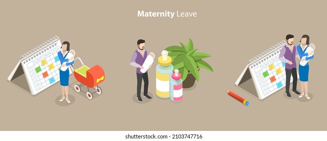 3D Isometric Flat Vector Conceptual Illustration of Maternity Leave, Gender Equality Issues in Child Upbringing