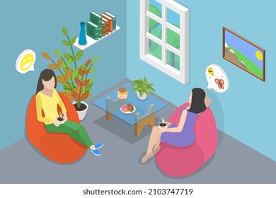 3D Isometric Flat Vector Conceptual Illustration of Drinking Tea With Friend, Spending Time Together Having Friendly Conversation