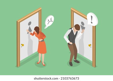 3D Isometric Flat Vector Conceptual Illustration of Digestive Problems, People with Diarrhea Nocking to Locked Restroom Door