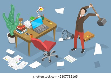 3D Isometric Flat Vector Conceptual Illustration of Angry Office Worker, Business and Work Stress