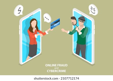 3D Isometric Flat Vector Conceptual Illustration Of Online Fraud And Cybercrime, Mobile Scams And Money Theft