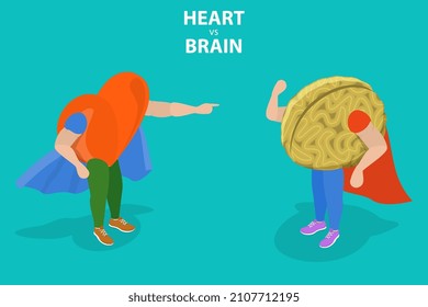 3D Isometric Flat Vector Conceptual Illustration of Heart vs Brain, Fight Between Emotions and Logic