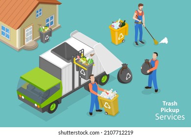 3D Isometric Flat Vector Conceptual Illustration of Trash Pickup Services, Collecting of Household and Commercial Waste svg