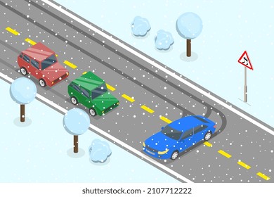 3D Isometric Flat Vector Conceptual Illustration of Slippery or Icy Road, Winter Driving Safety