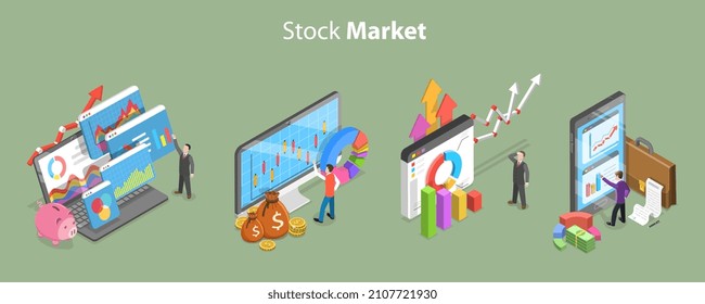 3D Isometric Flat Vector Conceptual Illustration Of Stock Market, Online Trading Software Scene Set