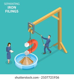 3D Isometric Flat Vector Conceptual Illustration of Separating Iron Filings, Educational Experiment Showing of Magnetic Properties