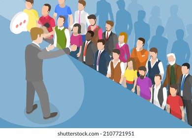 3D Isometric Flat Vector Conceptual Illustration of Speech In Front Of Crowd, Public Speaking