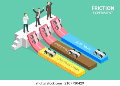 3D Isometric Flat Vector Conceptual Illustration of Friction Experiment, The Distance Traveled by the Accelerated Car on Different Surfaces Type