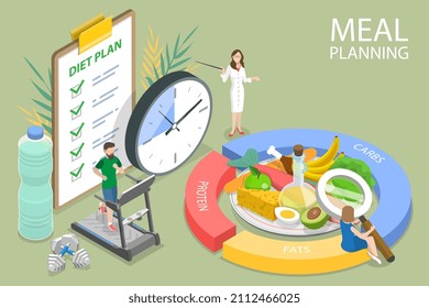 Isometric Flat Vector 3D Ilustración conceptual de la planificación de comidas, alimentación sana y dieta nutricional