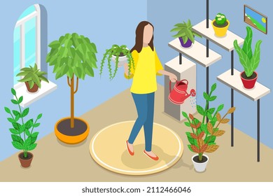 Vector plano isométrico 3D Ilustración conceptual del Jardín de la casa, de las flores de plantación y de las plantas de la casa en crecimiento