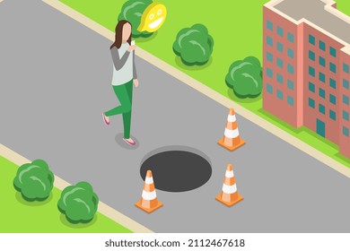 3D Isometric Flat Vector Conceptual Illustration of Street Accident, Open Manhole with Red Cones on Sidewalk