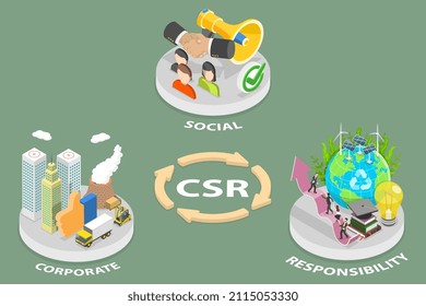 3D Isometric Flat Vector Conceptual Illustration of CSR: Corporate Social Responsibility, Business Development Strategy