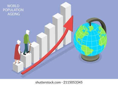 3D Isometric Flat Vector Conceptual Illustration of World Population Ageing, Social Problem of Old Society