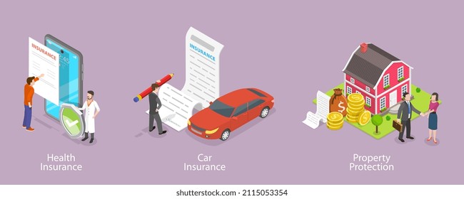 3D Isometric Flat Vector Conceptual Illustration of Health, Car And Property Insurance, Signing Insurance Policy